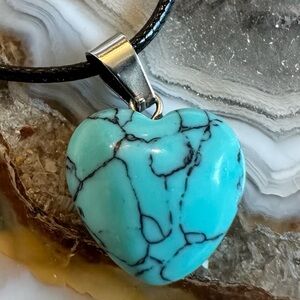 3097 Chic Turquoise Colored Polished Stone Heart Necklace with Black Cord